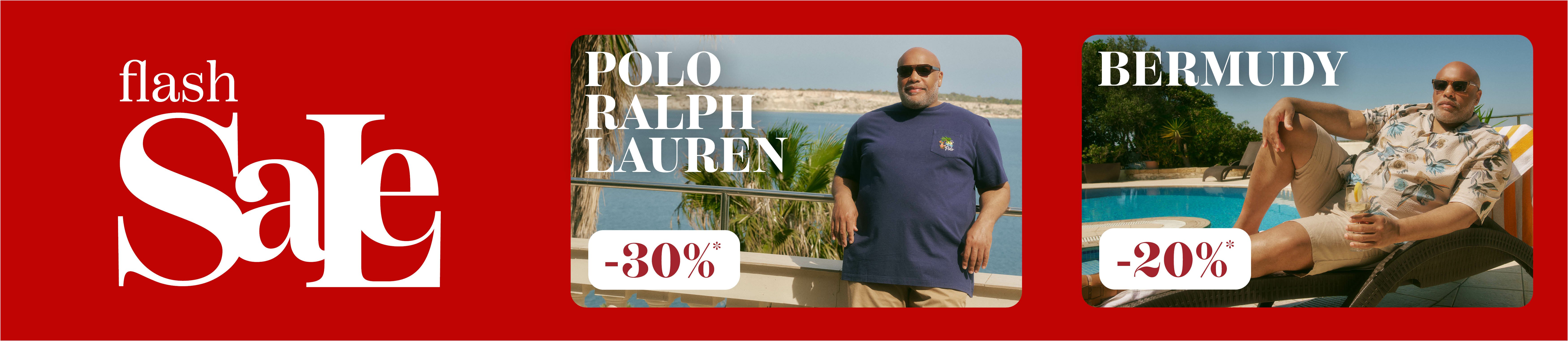 Biała grafika z tekstem flash Sale, Polo Ralph Lauren -30% i Bermudy -20%.