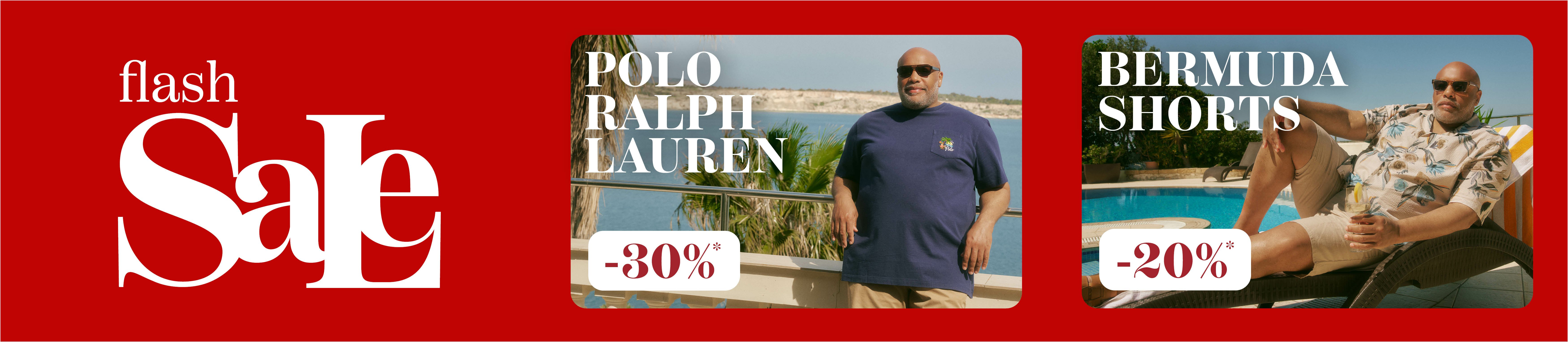 flash Sale featuring Polo Ralph Lauren with 30% off and Bermudas with 20% off.
