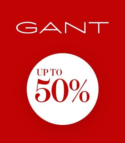 GANT logo with a white circle displaying "UP TO 50%" in red text on a red background.