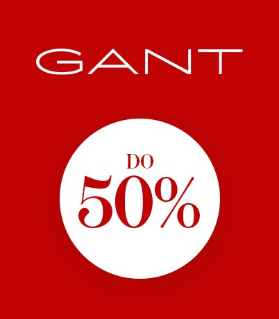GANT logo i białe koło z napisem DO 50% rabatu na czerwonym tle