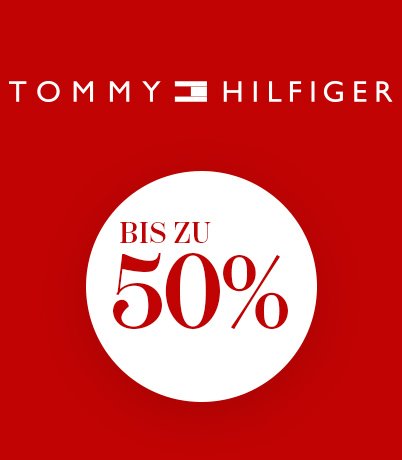 Tommy Hilfiger Logo mit bis zu 50% Rabatt Angebot auf rotem Hintergrund