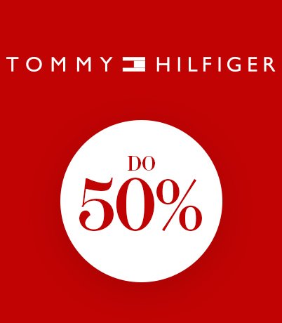 Logo Tommy Hilfiger z napisem DO 50% na czerwonym tle, promocyjna oferta