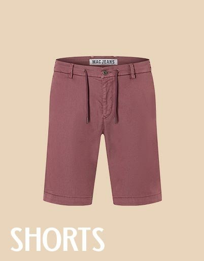 Eine rosafarbene Shorts aus Baumwolle mit Kordelzug, vorne abgebildet mit MAC JEANS Logo auf dem Etikett.