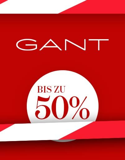 GANT Logo und bis zu 50 Prozent Rabatt auf rotem Hintergrund