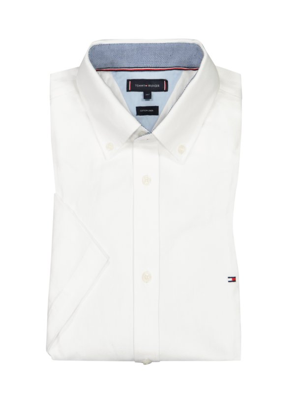 Levně Tommy Hilfiger, Košile s krátkým rukávem ze směsi bavlny a lnu, piké Bílá