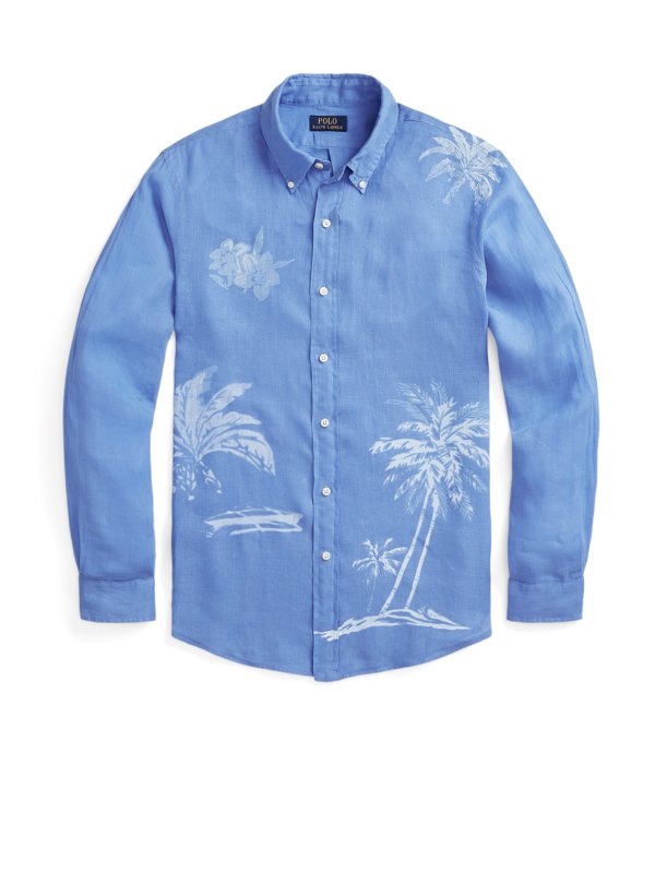 Levně Polo Ralph Lauren, Lněná košile s motivem palem a propínacím límečkem (button-down) Ultramarín