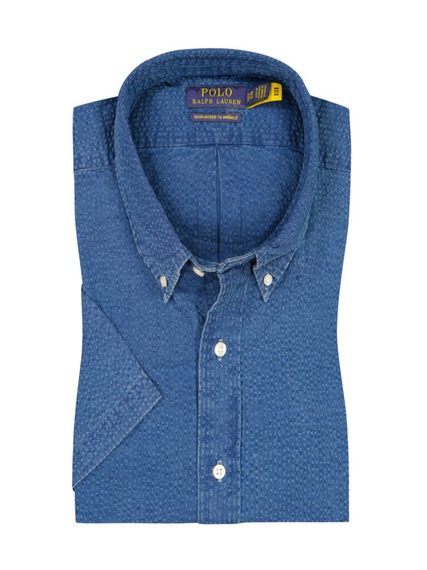 Levně Polo Ralph Lauren, Košile s krátkým rukávem z materiálu seersucker a s natištěným logem Modrá