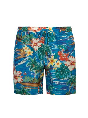 Swimming trunks with ocean, shark and floral print