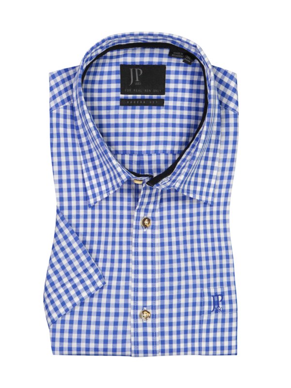 Levně Jp1880, Krojová košile s krátkým rukávem s károvaným vzorem Modrá