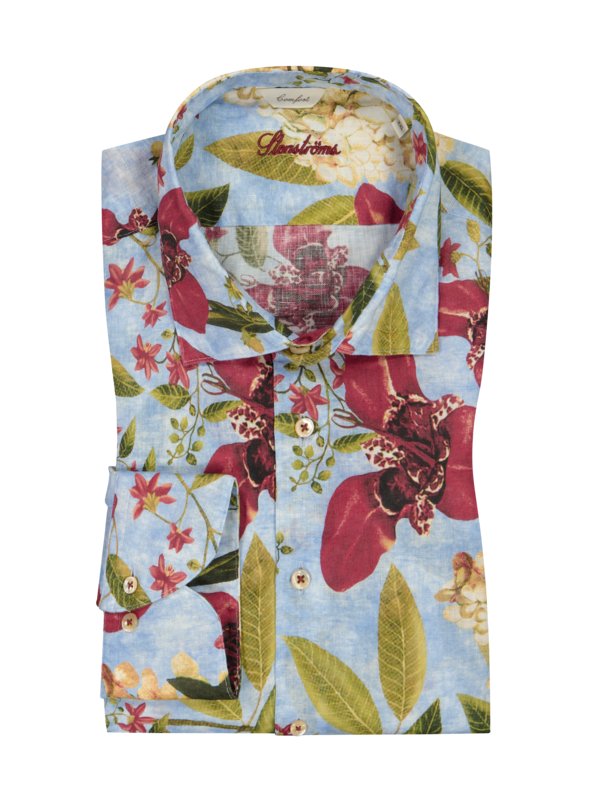 Levně Stenströms, Lněná košile s celoplošným květinovým potiskem, comfort fit SvětleModrá