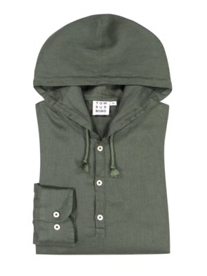Linen shirt with short button placket and hood