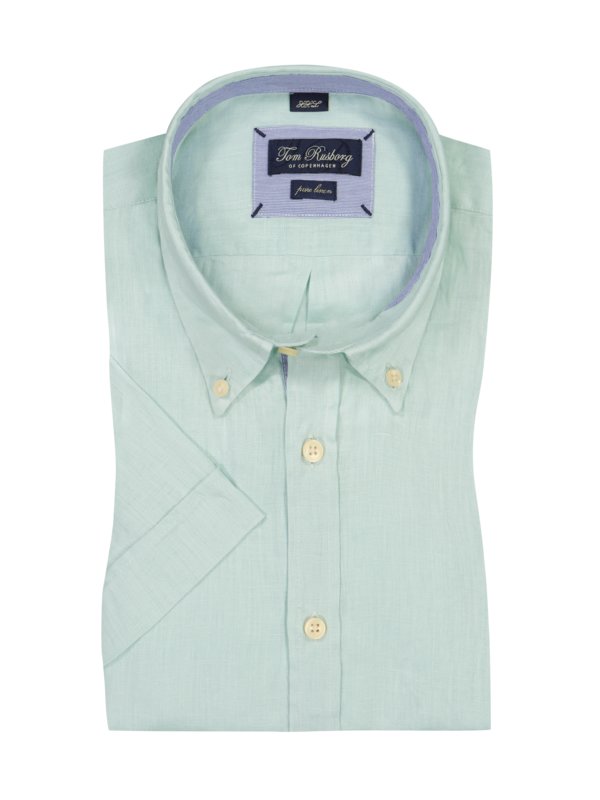 Levně Tom Rusborg, Lněná košile s krátkým rukávem a propínacím límečkem (button-down) Mátově Zelená