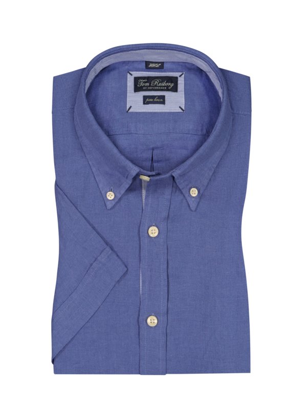 Levně Tom Rusborg, Lněná košile s krátkým rukávem a propínacím límečkem (button-down) Modrá