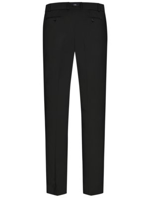 Back view of a pair of black dress pants, featuring a waistband, pockets, and a straight leg.
