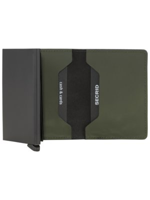 Olive green Secrid wallet with black card slots and a black metal casing.  The text "cash & cards" and "SECRID" are visible on the wallet.