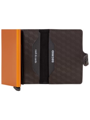 Secrid wallet open, showing dark brown textured exterior and orange aluminum card protector.  Interior shows slots labeled "cash & cards" and "SECRID". A small button is visible on the right side.