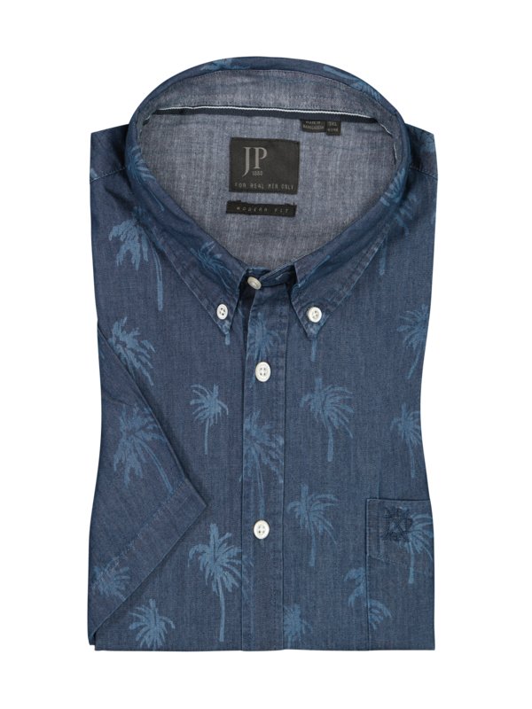 Levně Jp1880, Košile s krátkým rukávem v denimovém vzhledu, motiv palem Modrá