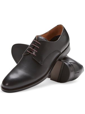 Black leather lace-up dress shoes.  One shoe is shown prominently, with a portion of a second shoe visible underneath. The laces are dark burgundy.