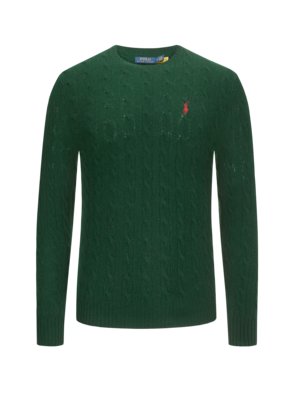Lightweight sweater with cable knit pattern and embroidered polo rider