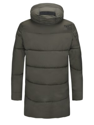 Olive green quilted puffer jacket with a hood, shown from the back.  The jacket has long sleeves and a small logo visible near the upper back.  The quilting is horizontal across the back.