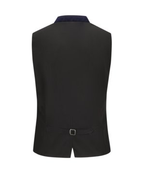 Black men's waistcoat viewed from the back, featuring a dark navy velvet collar and adjustable back belt.