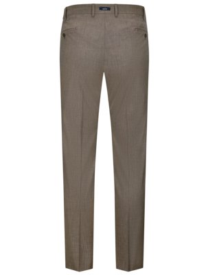 Rear view of a pair of taupe flat-front trousers.  The pants are a subtle textured fabric, and appear to be tailored fit.  They have a belt loop waistband and a back pocket detail.