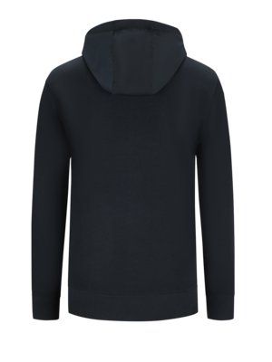Rear view of a dark navy blue hooded sweatshirt. The sweatshirt is long-sleeved and appears to be made of a relatively smooth material. The hood is up.