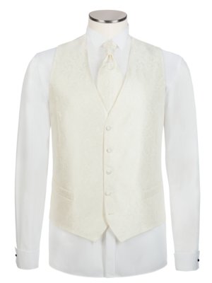 Cream-colored patterned waistcoat with five buttons, shown on a mannequin wearing a white shirt and cream tie. The waistcoat is single-breasted and has a subtle textured pattern.