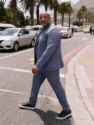A bald, Black man wearing a blue suit and black sneakers is crossing a street. Cars, palm trees, and buildings are in the background. The man walks towards the left side of the image.