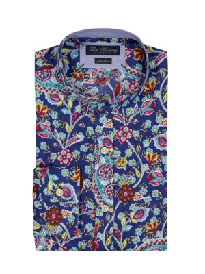 Linen shirt with floral pattern and standing collar