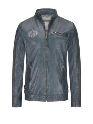 Biker-style leather jacket with contrasting stripes on the sleeves