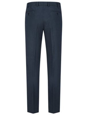 Back view of navy blue men's dress pants. The pants have a waistband with belt loops, back pockets, and pleats down the front of the legs. The pants are straight-legged.