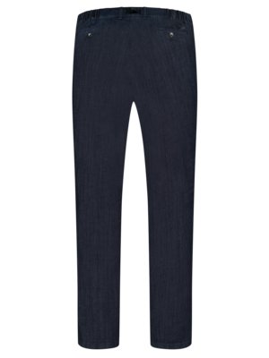 Dunkelblaue Hose, die von hinten fotografiert wurde. Die Hose hat einen elastischen Bund und zwei Gesäßtaschen. Das Material hat eine dezente Struktur. Die Hose hat gerade Beine.