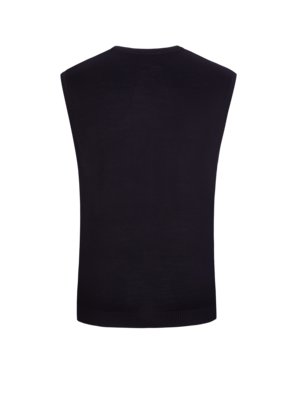 The image shows the back of a navy blue knitted vest. It is sleeveless, with a round neckline and a ribbed hem. The background is white. The vest appears to be new.