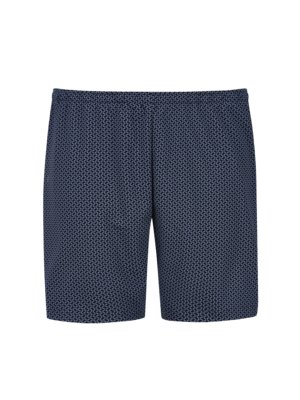 Dunkelblaue Badeshorts mit einem sich wiederholenden Muster aus kleinen, dunkleren Formen. Die Shorts sind kurz und haben einen elastischen Bund. Sie sind freistehend vor weißem Hintergrund dargestellt.