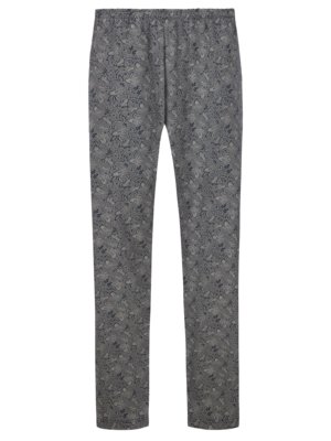 Eine Hose in voller Länge, mit einem grauen Paisley-Muster. Die Hose hat einen elastischen Bund und ein enges Bein. Das Muster besteht aus kleinen, dunklen Formen auf hellgrauem Hintergrund.