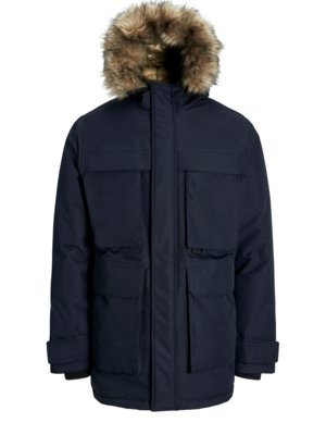 Parka with faux fur hood trim and recycled padding