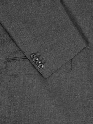 Close-up view of a gray suit jacket. The angled image shows the sleeve with four dark buttons. A pocket edge is visible below the sleeve and buttons. The fabric appears textured.