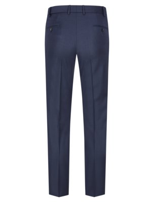 Back view of dark blue trousers. The trousers have a waistband with belt loops, two back pockets, and a button closure. The legs are straight and have vertical creases running down the front and back.