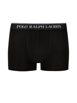 Schwarze Herren-Boxershorts. Der Bund ist weiß mit schwarzer Schrift, darauf steht "POLO RALPH LAUREN". Die Unterhose hat einen verstärkten Mittelteil und ist aus weichem Stoff. Das Produkt steht auf weißem Hintergrund.