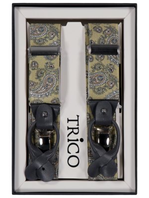 Suspenders with leather loops and paisley pattern