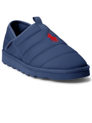 Quilted house slippers with teddy fleece lining and embroidered polo player