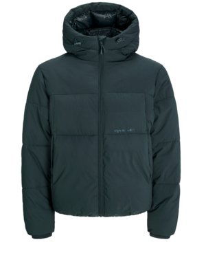 Puffer jacket with hood and label lettering