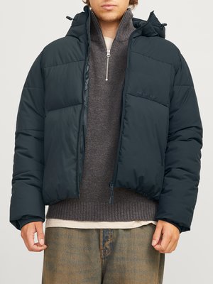 Puffer jacket with hood and label lettering