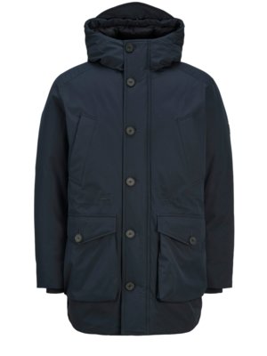 Parka with recycled padding and rubberised logo patch