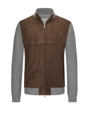 Hybrid blouson in goat suede with knitted sleeves, Riviera series