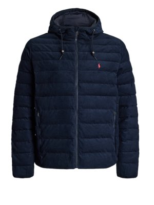 Quilted down jacket in corduroy fabric with removable hood