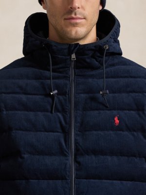 Quilted down jacket in corduroy fabric with removable hood