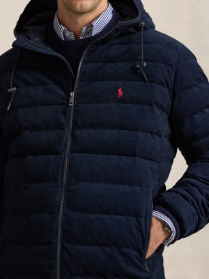 Quilted down jacket in corduroy fabric with removable hood