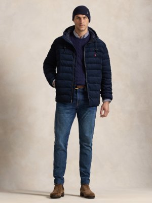 Quilted down jacket in corduroy fabric with removable hood